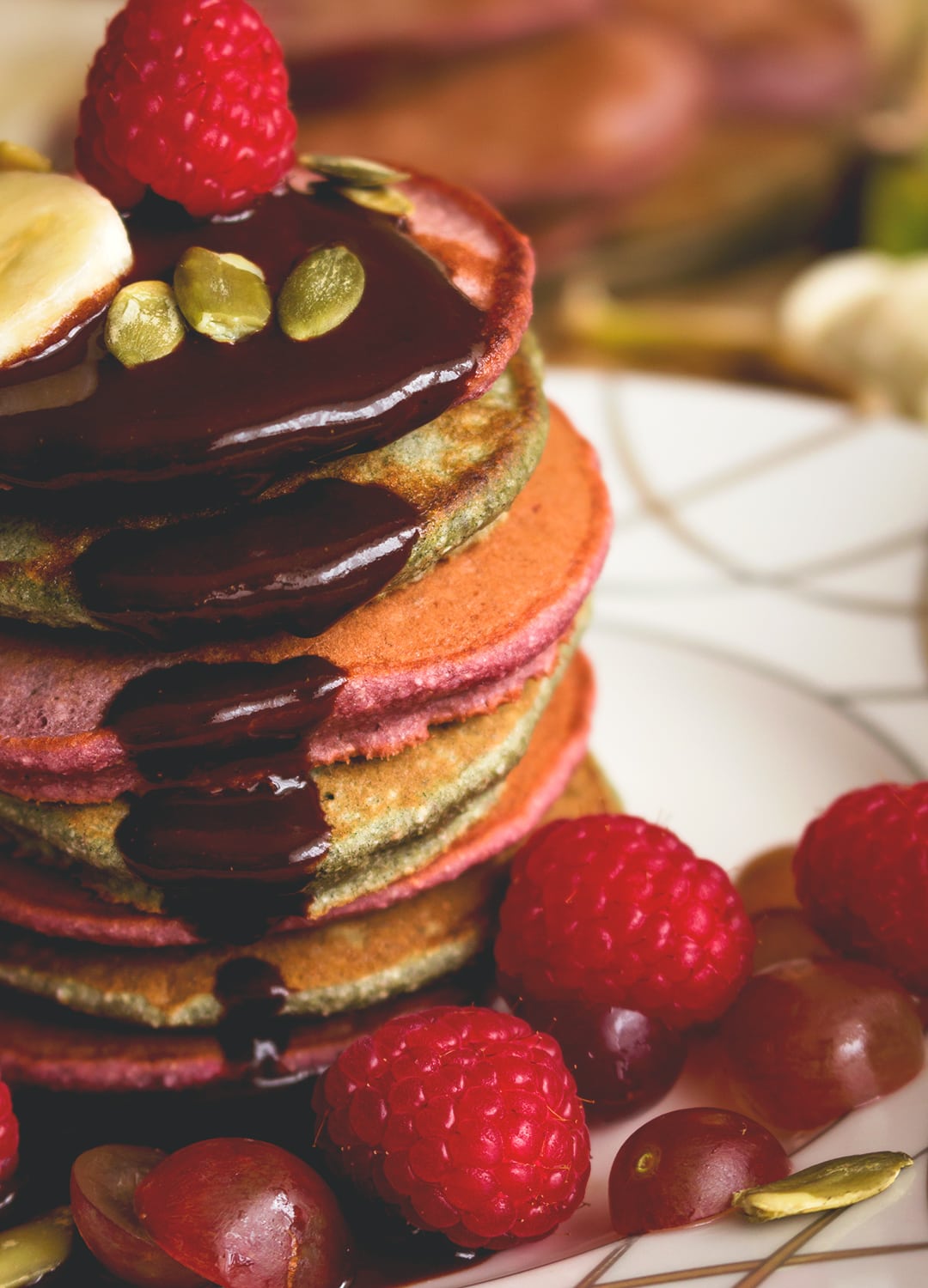 Colorful Pancakes with Chocolate Sauce and Berries - delicious healthy pancake recipe you'll love! Perfect for a family breakfast or Sunday brunch! YUM! | thehealthfulideas.com