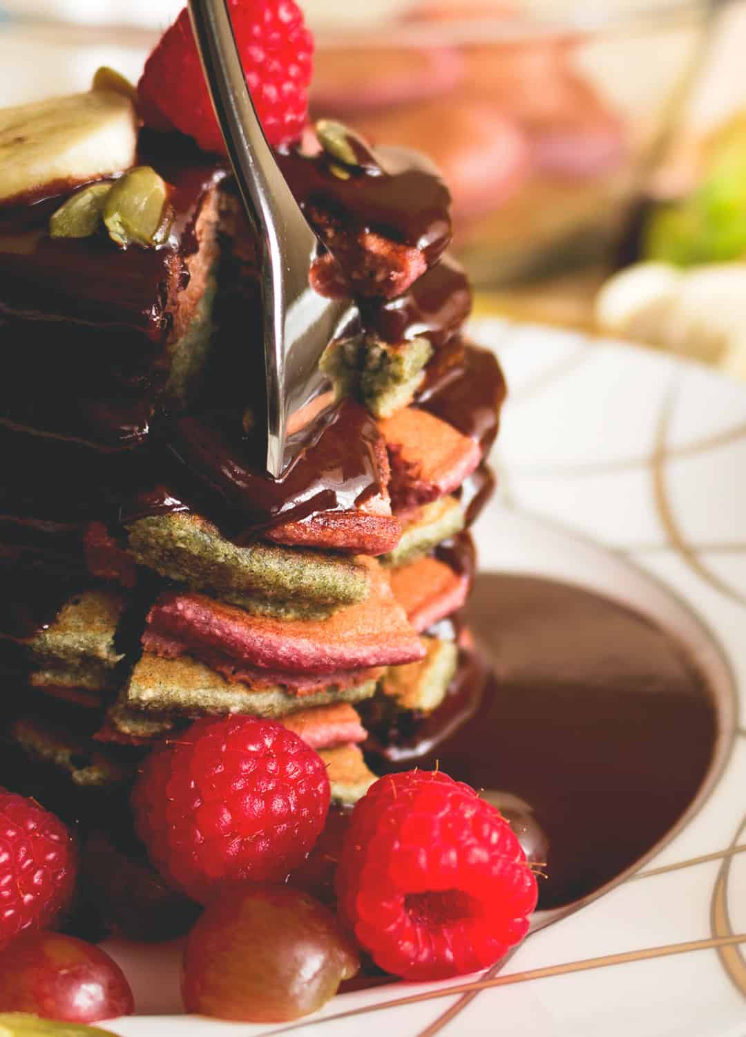 Colorful Pancakes with Chocolate Sauce and Berries - delicious healthy pancake recipe you'll love! Perfect for a family breakfast or Sunday brunch! YUM! | thehealthfulideas.com