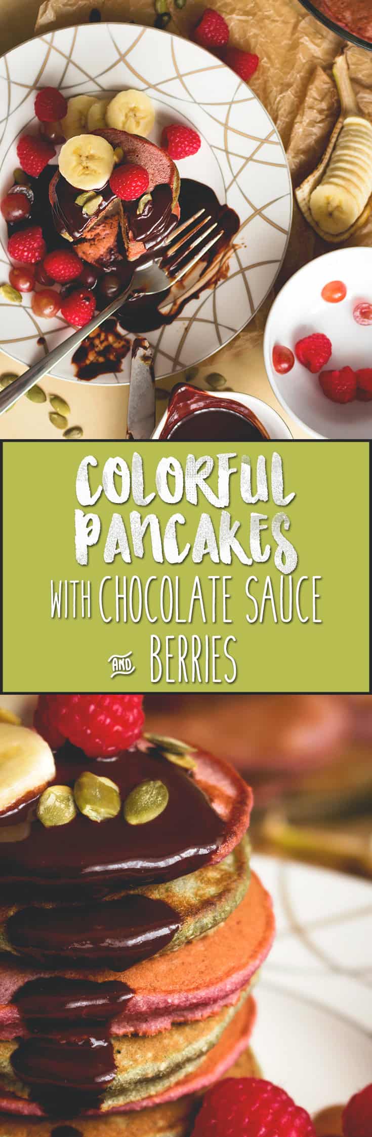 Colorful Pancakes with Chocolate Sauce and Berries - delicious healthy pancake recipe you'll love! Perfect for a family breakfast or Sunday brunch! YUM! | thehealthfulideas.com