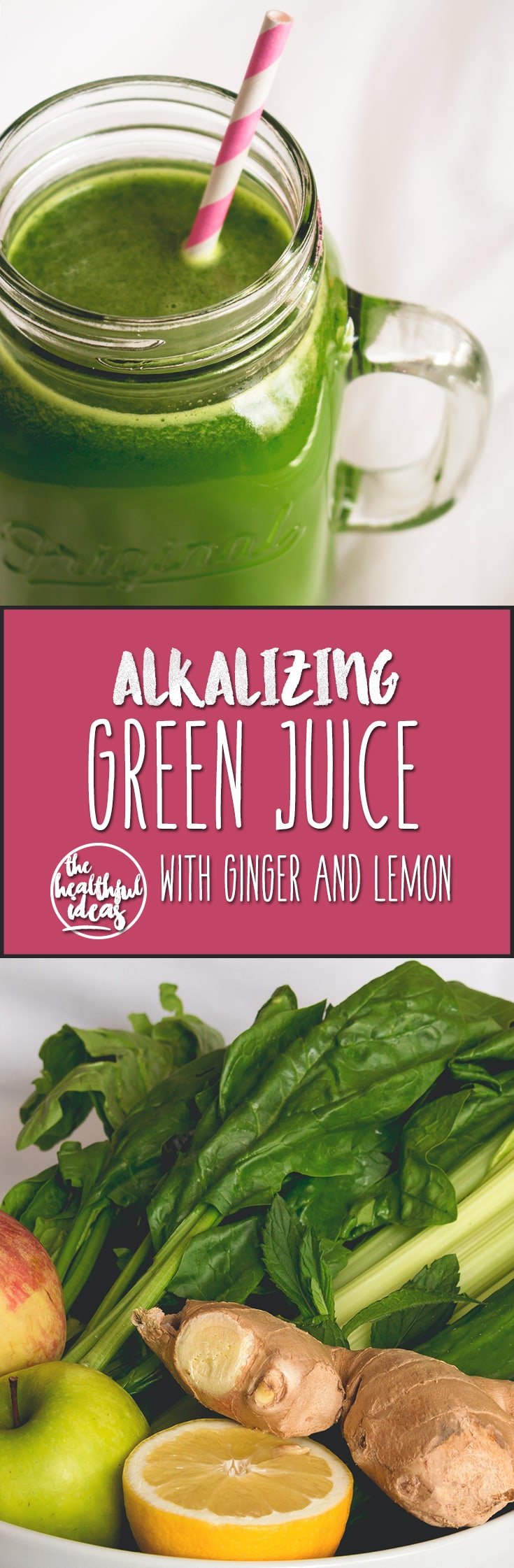 Green Juice with Ginger - delicious alkalizing green juice with ginger and lemon. Full of amazing vitamins and minerals your body craves! One green juice a day keeps the doctor away. I love this recipe! | thehealthfulideas.com