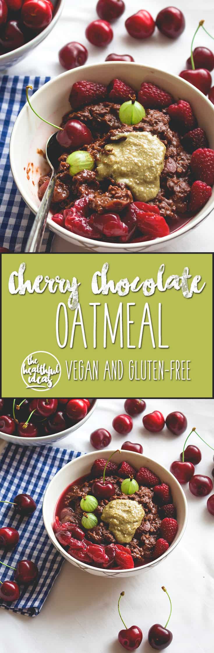 Cherry Chocolate Oatmeal - healthy vegan breakfast recipe. Easy to make and really delicious! I love to make this in the summer! Cherries, cacao, plant milk, oats - that's basically it! | thehealthfulideas.com