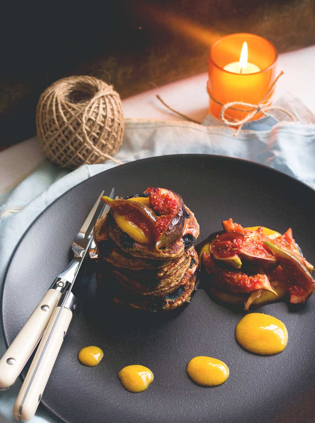 Blueberry Vanilla Pancakes with Caramelized Figs and Mango Sauce - delicious healthy breakfast. I love these! They taste amazing, look fancy, but are really easy to make! Gluten free & dairy free! | thehealthfulideas.com