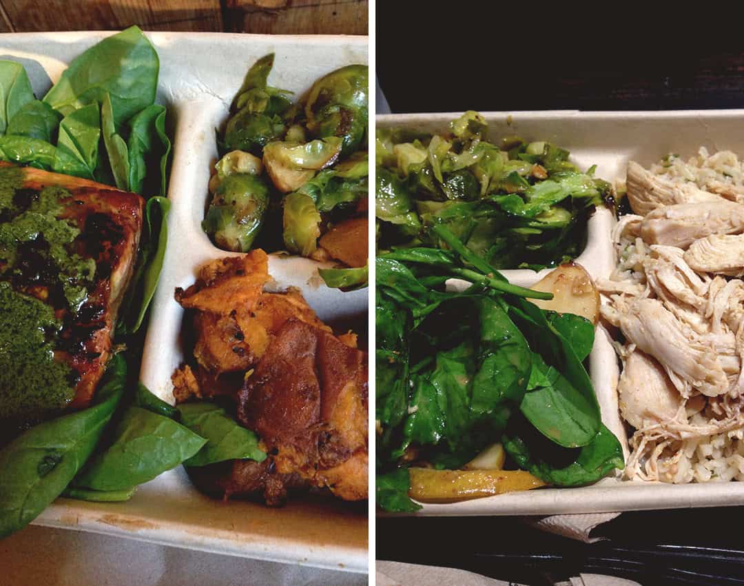 Where to Eat in New York: Dig Inn Seasonal Market - Roasted Brussels Sprouts, Sweet Potatoes, Spinach Granola Salad, Salmon, and Chicken | thehealthfulideas.com