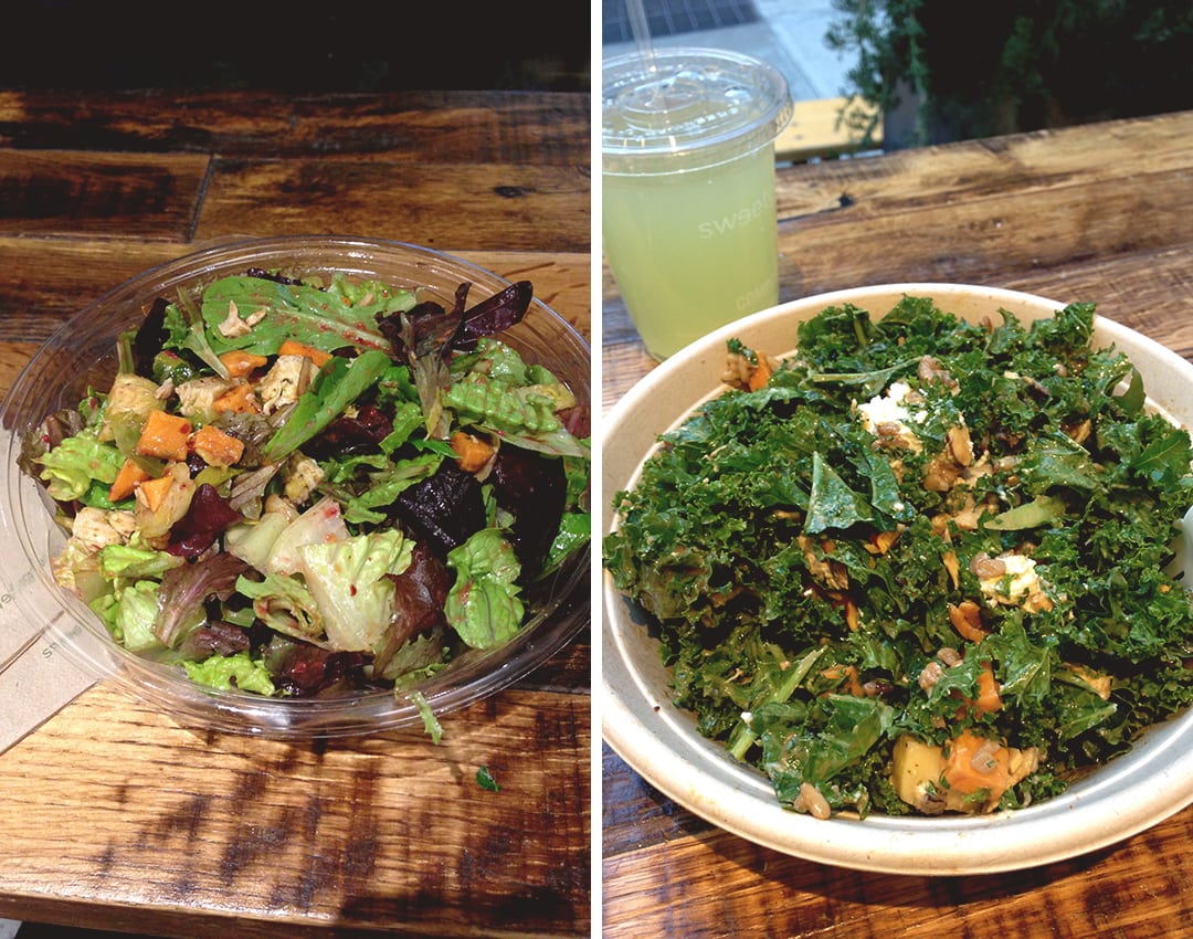 Where to Eat in New York: Sweet Green Salad bar - Roasted Turkey with Sweet Potatoes and Cranberry Vinaigrette on the left and Harvest bowl on the right. Really delicious! | thehealthfulideas.com