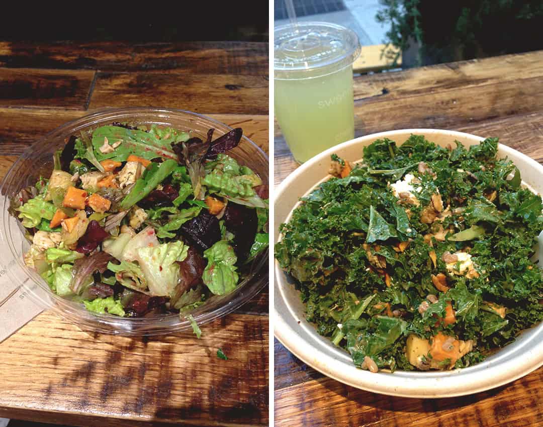 Where to Eat in New York: Sweet Green Salad bar - Roasted Turkey with Sweet Potatoes and Cranberry Vinaigrette on the left and Harvest bowl on the right. Really delicious! | thehealthfulideas.com