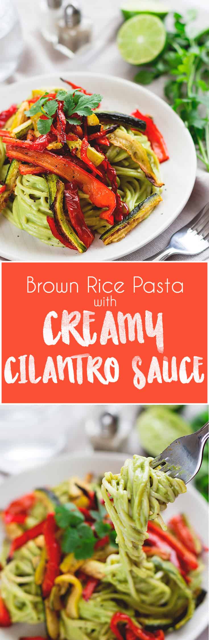 Brown Rice Pasta with Creamy Cilantro Sauce - I absolutely LOVE this recipe! Gluten-free, vegan, and totally scrumptious! The Creamy Cilantro Sauce isn't only great as a pasta sauce. You can thin it out and use it as salad dressing or use it as dip! | thehealthfulideas.com