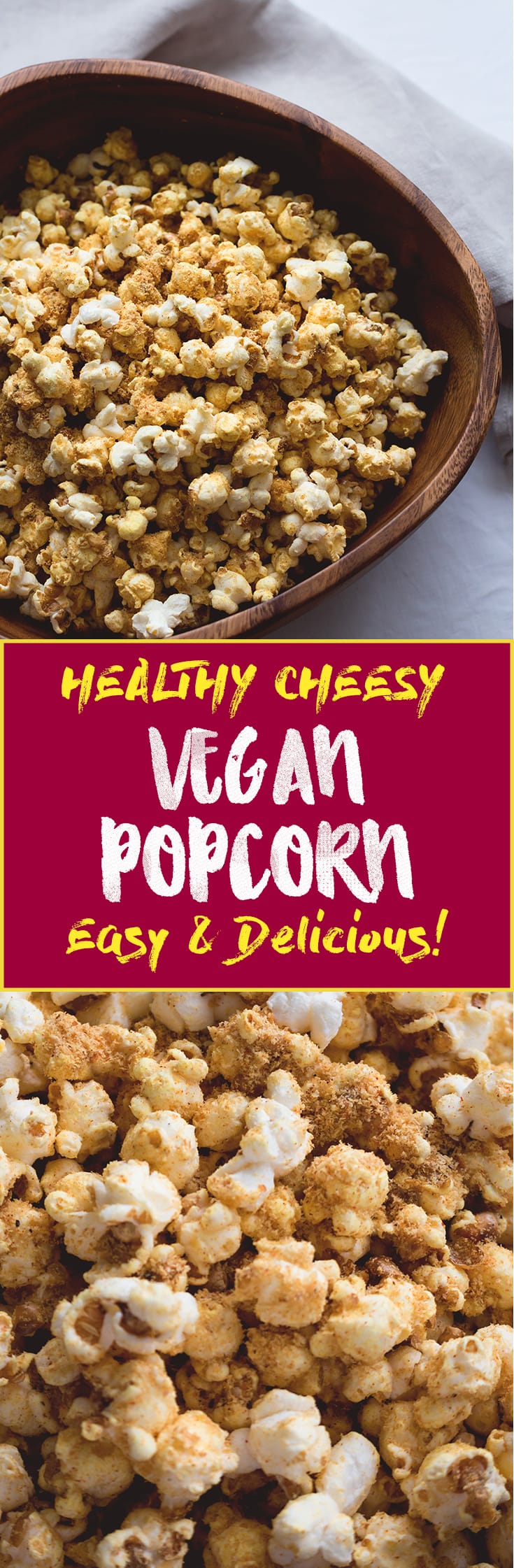 Cheesy Vegan Popcorn - a delicious healthy twist on the classic. Popped the old-fashioned way on the stove with coconut oil and then spiced to perfecting. Ridiculously easy to make! | thehealthfulideas.com