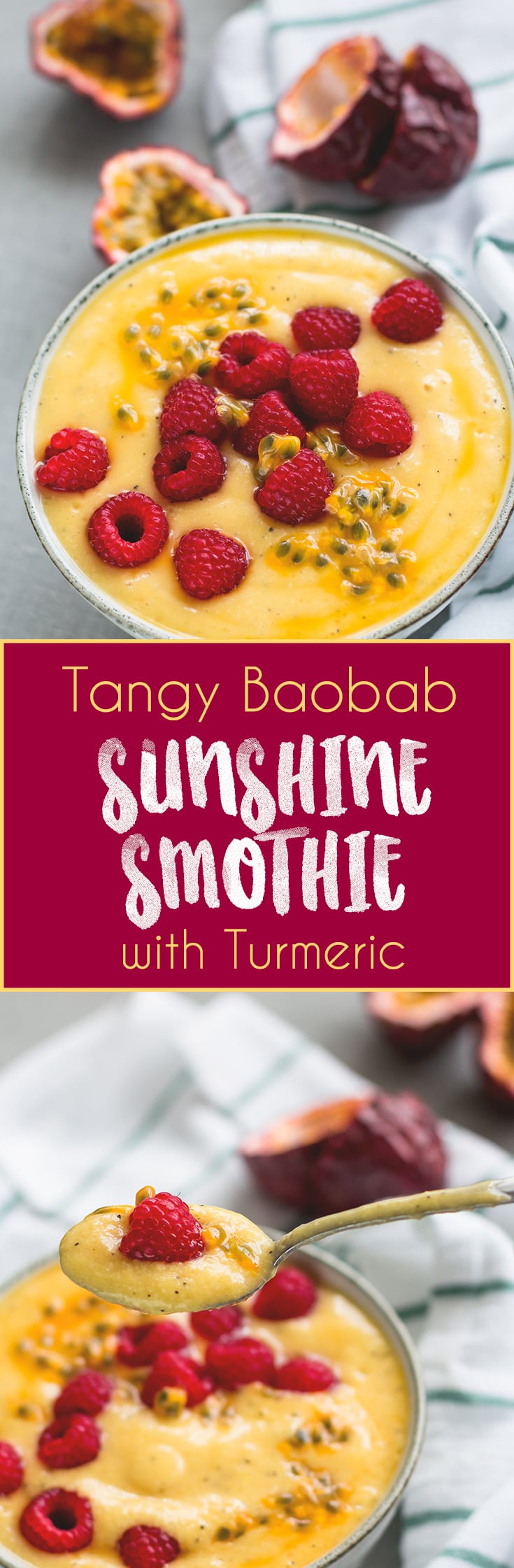 Tangy Baobab Sunshine Smoothie - the perfect summer smoothie! I love this recipe, it's easy, delicious, and filling. Baobab, mango, pineapple, passion fruit, and turmeric. So GOOD! | thehealthfulideas.com