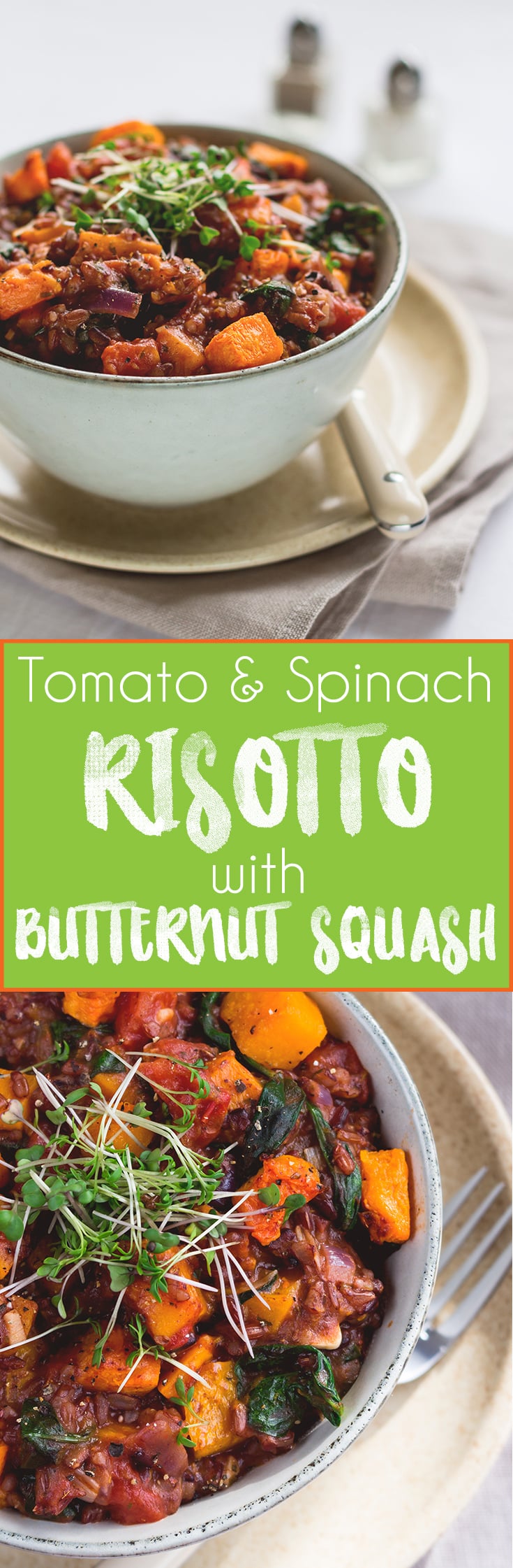 Butternut Squash Risotto with Spinach and Tomatoes - a delicious hearty vegan dinner. Only 4 main ingredients! Plus onion, garlic, dried herbs, salt and pepper! So simple SO YUM. | thehealthfulideas.com