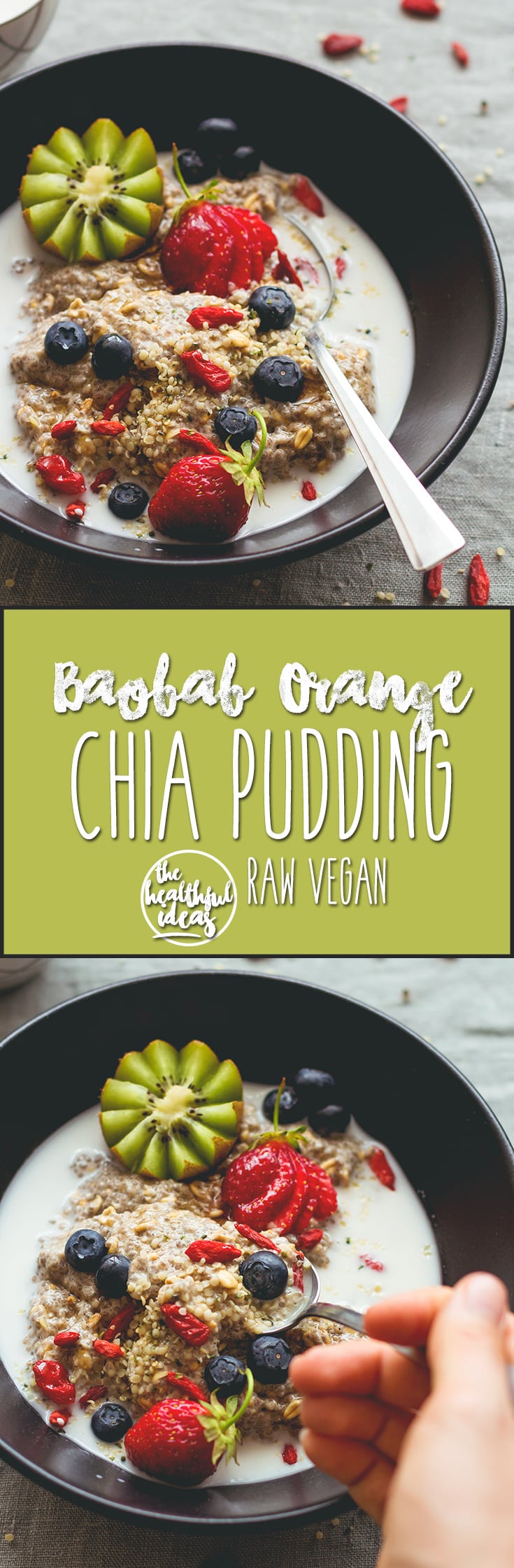 Baobab Orange Chia Pudding - easy summer tropical breakfast for when you're on the go. I LOVE this chia pudding. Chia seeds, orange juice, baobab, almond milk, and a ton of toppings! | thehealthfulideas.com