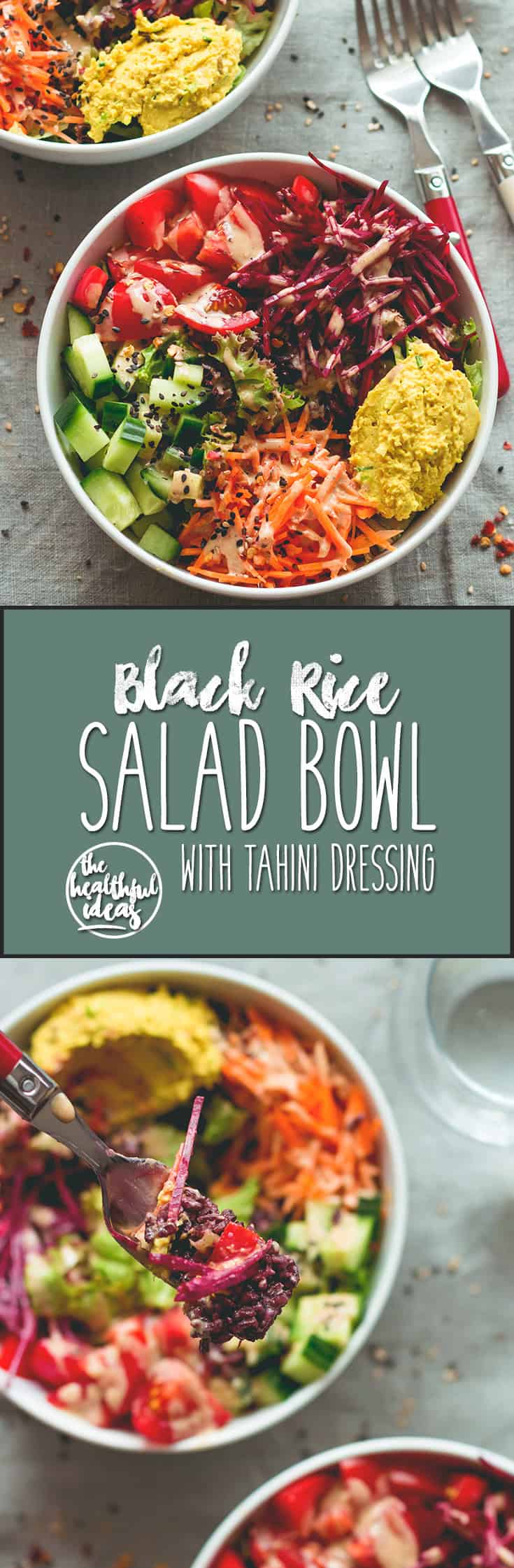 Black Rice Salad Bowl with Tahini Dressing - easy to make fresh summer salad. I love to make this ahead for busy work days! Tomatoes, cucumber, beets, carrots, hummus, lettuce, black rice, and tahini dressing. (vegan, GF) | thehealthfulideas.com