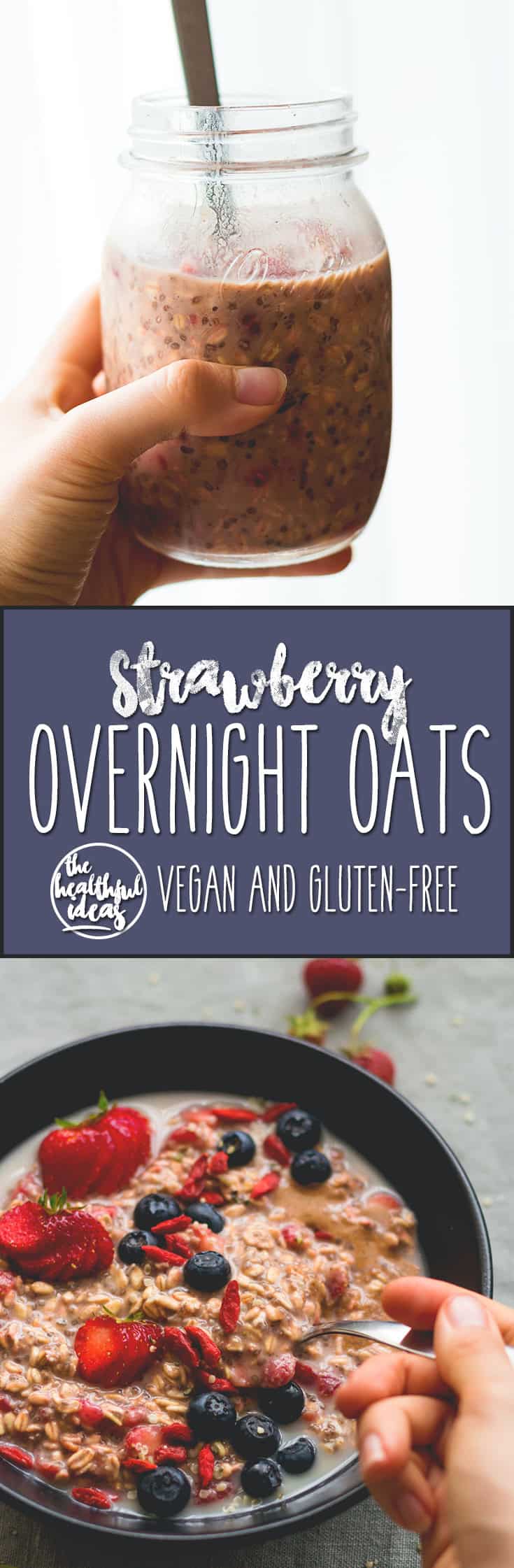 Strawberry Overnight Oats - delicious breakfast for busy days. I love this recipe, it's easy, healthy, and filling. Oats, strawberries, chia seeds, milk, and sweetener - so easy! | thehealthfulideas.com