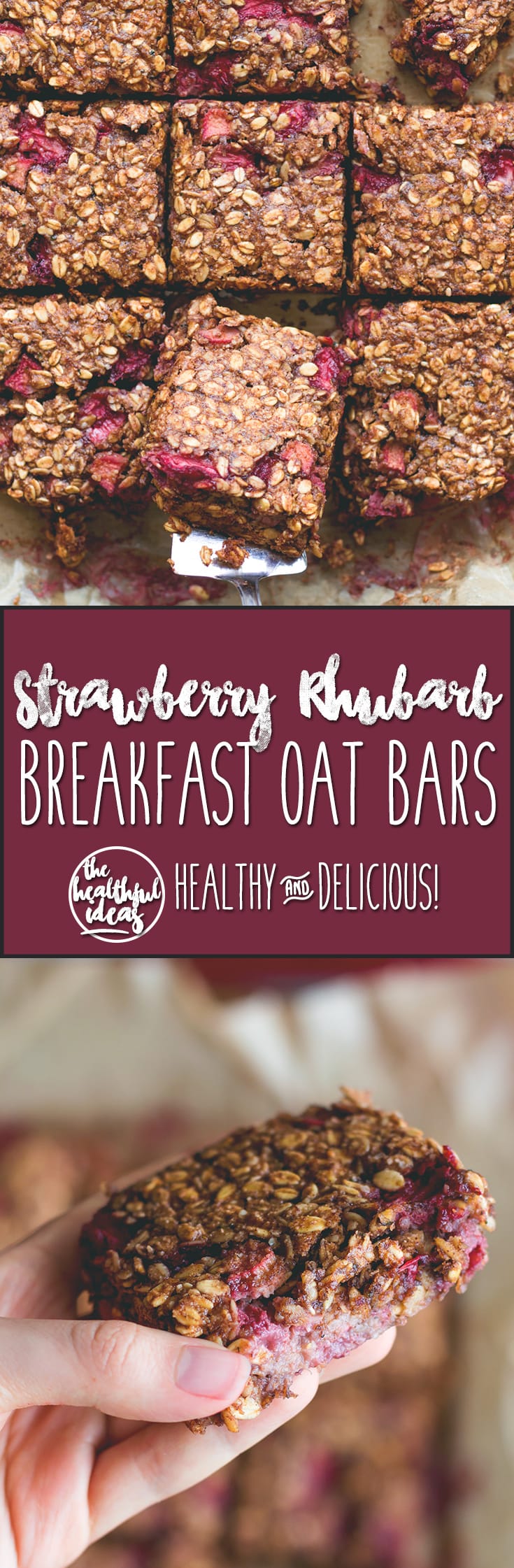 Strawberry Rhubarb Breakfast Oat Bars - delicious breakfast bars that taste totally like a dessert. You'll love this recipe. The rhubarb strawberry combination with maple syrup is divine! It tastes like marzipan! | thehealthfulideas.com