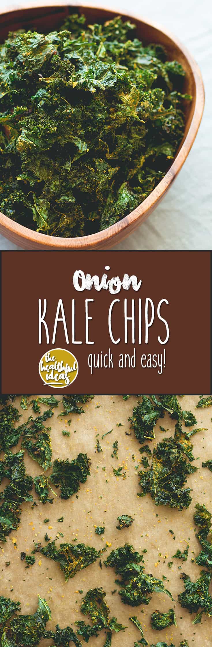 Onion Kale Chips - made in the oven in under 30 minutes! Easy & delicious these kale chips are the perfect movie night snack or anytime you're craving something salty & crunchy. | thehealthfulideas.com