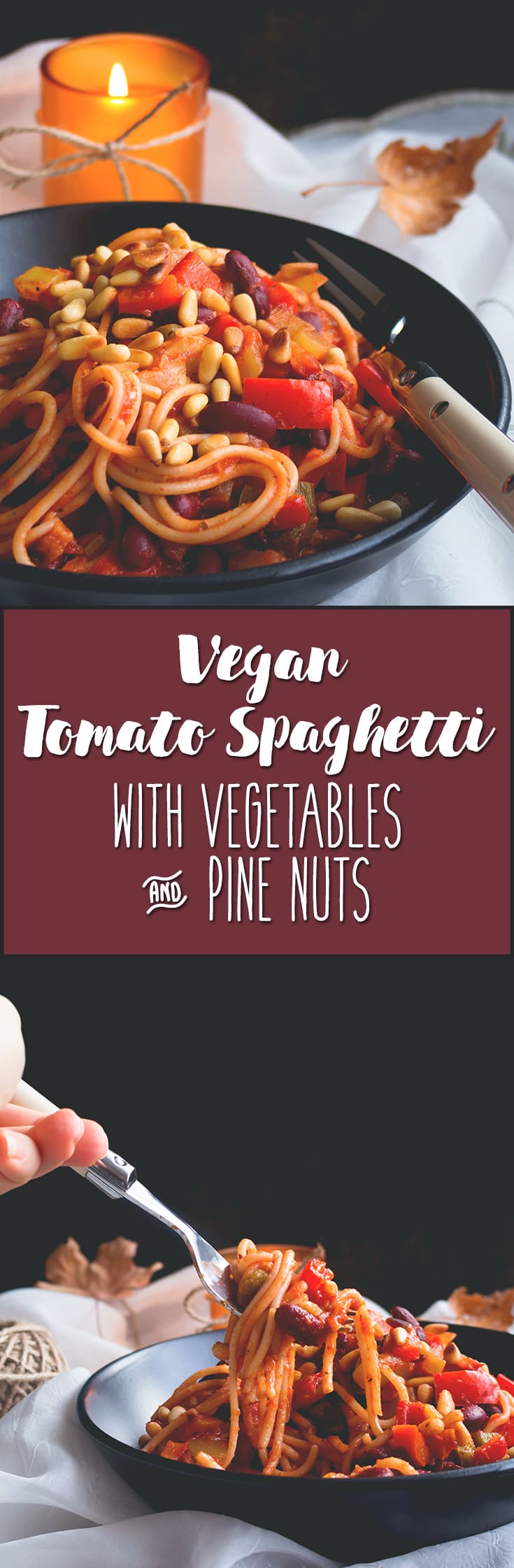 Tomato Spaghetti with Vegetables and Pine Nuts. Vegan & GF made with brown rice pasta, veggies, beans, pine nuts, and tomato sauce. Easy, delicious and really comforting. YUM! | thehealthfulideas.com