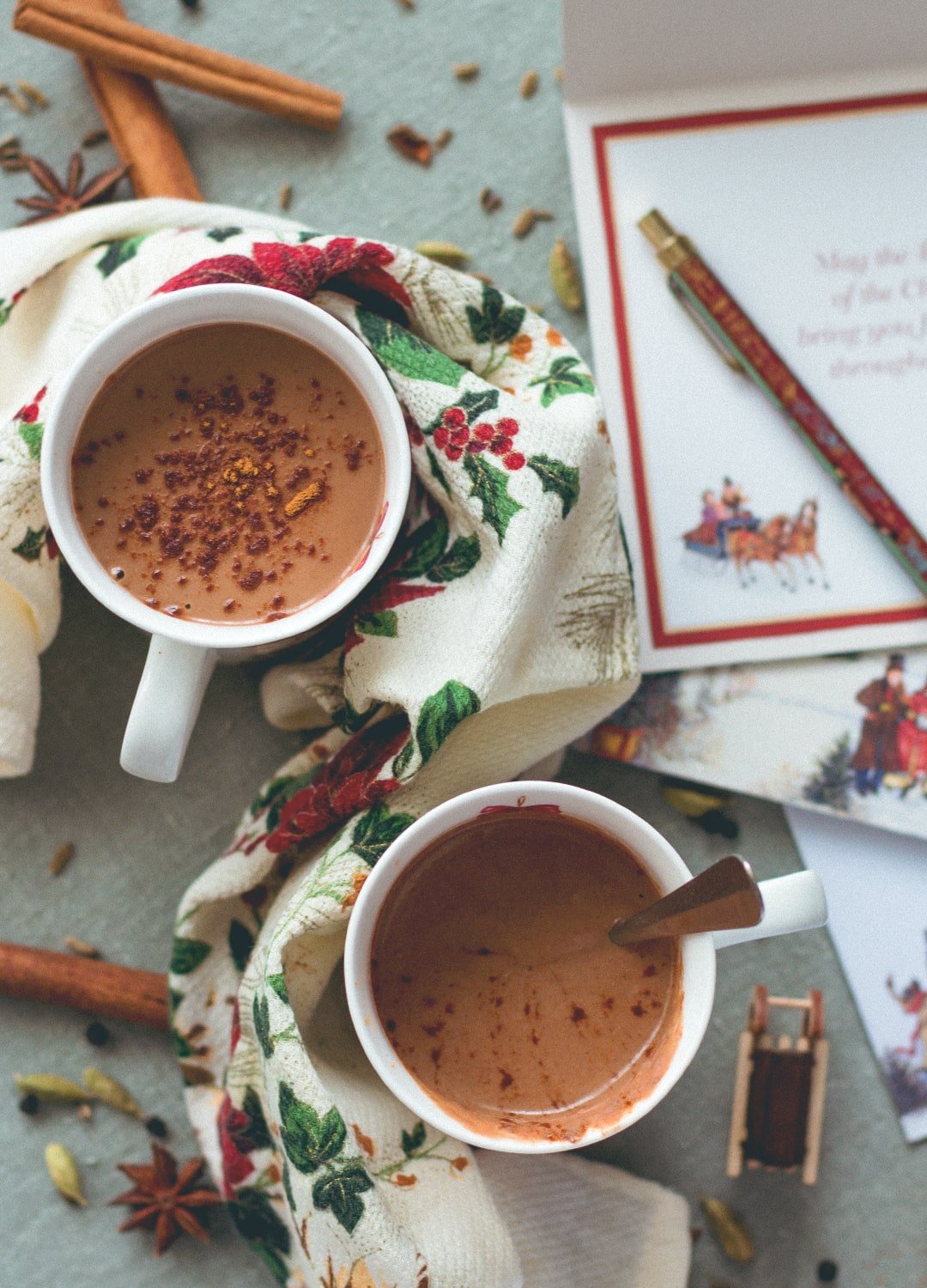 Almond Chai Hot Chocolate - incredibly creamy, delicious, and sweet. Almond milk, cacao, almond butter, tahini, homemade chai spice mix, sea salt, and maple syrup. So yummy! You'll love this hot chocolate, it's so easy to make. (vegan, GF) | thehealthfulideas.com