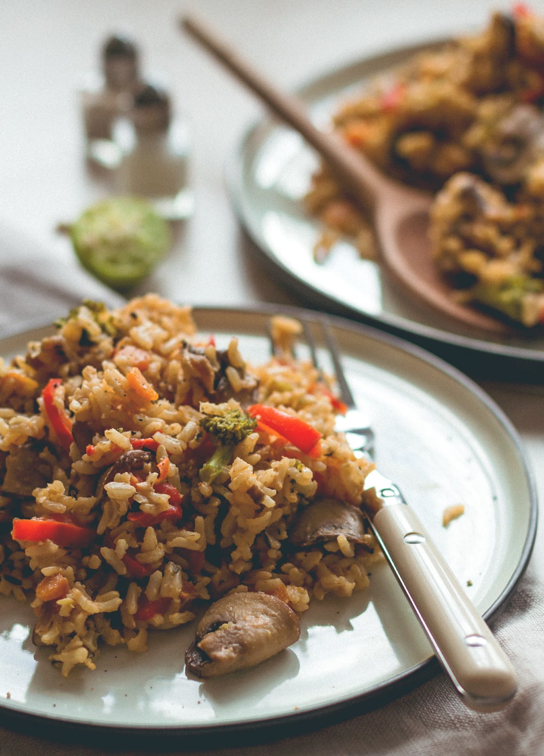 Loaded Veggie Fried Rice - the most comforting, filling, hearty recipe. Made with brown rice, mushrooms, veggies, spices, and tamari almond butter dressing. (vegan, GF) | thehealthfulideas.com