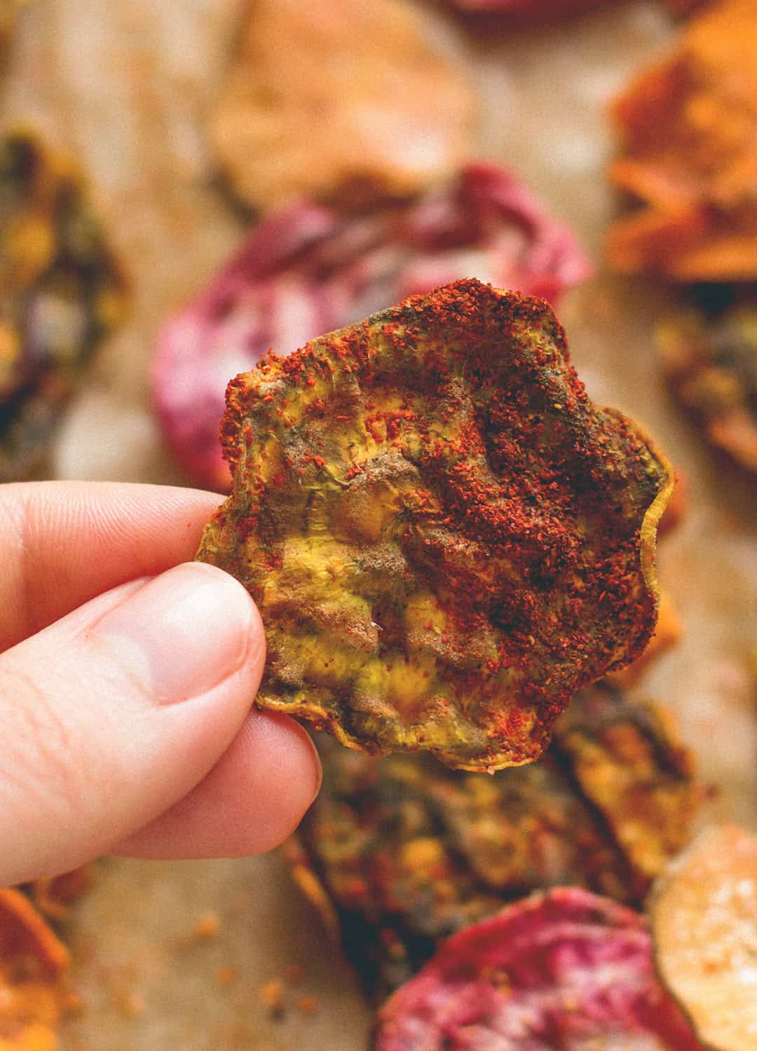 Oven Baked Veggie Chips - red, yellow, and pink beets, sweet potatoes, and some regular potatoes is all you need! Plus your favorite seasoning. You'll absolutely love these. Crunchy & delicious. | thehealthfulideas.com