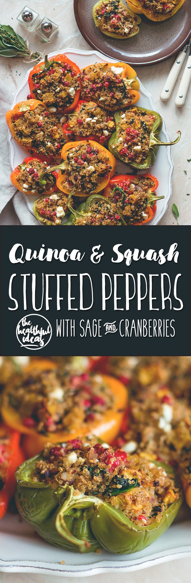 Quinoa Stuffed Bell Peppers with Butternut Squash, Cranberries, and sage (vegan, GF) I totally love this recipe! Perfect for fall, comforting, hearty, and filling. | thehealthfulideas.com