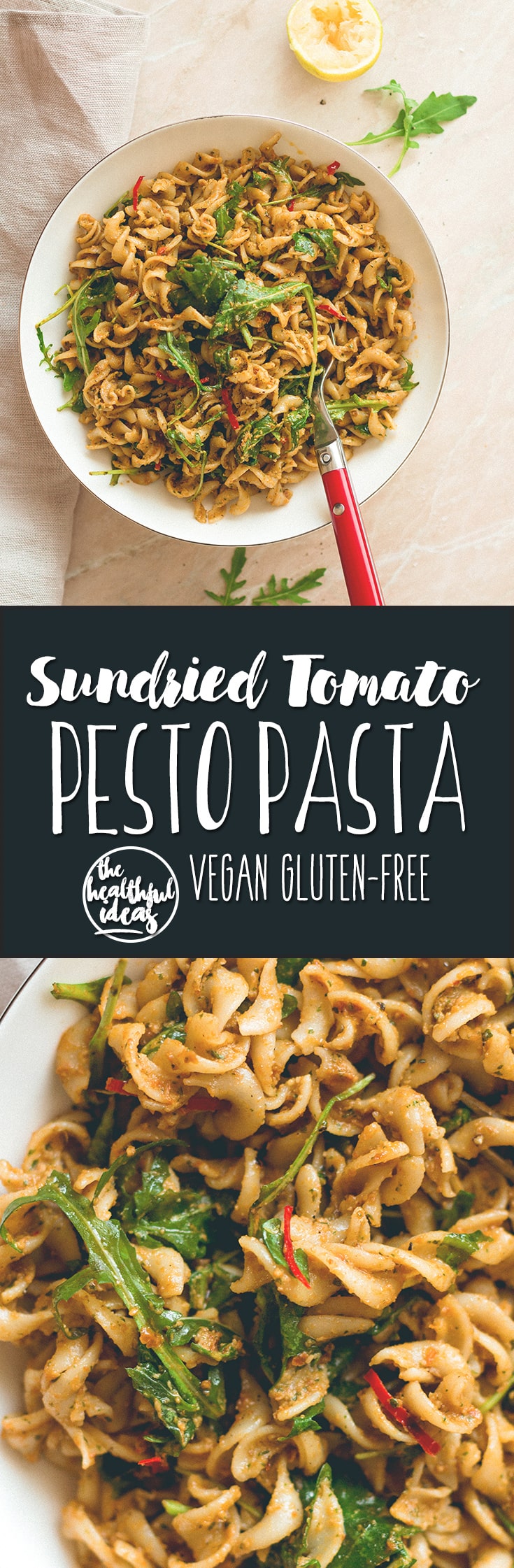 Sundried Tomato Pesto Pasta (vegan, gluten-free) - brown rice pasta, sundried tomatoes, roasted chili, basil, toasted pine nuts, garlic, and arugula. I love this pesto, it's SO delicious! | thehealthfulideas.com