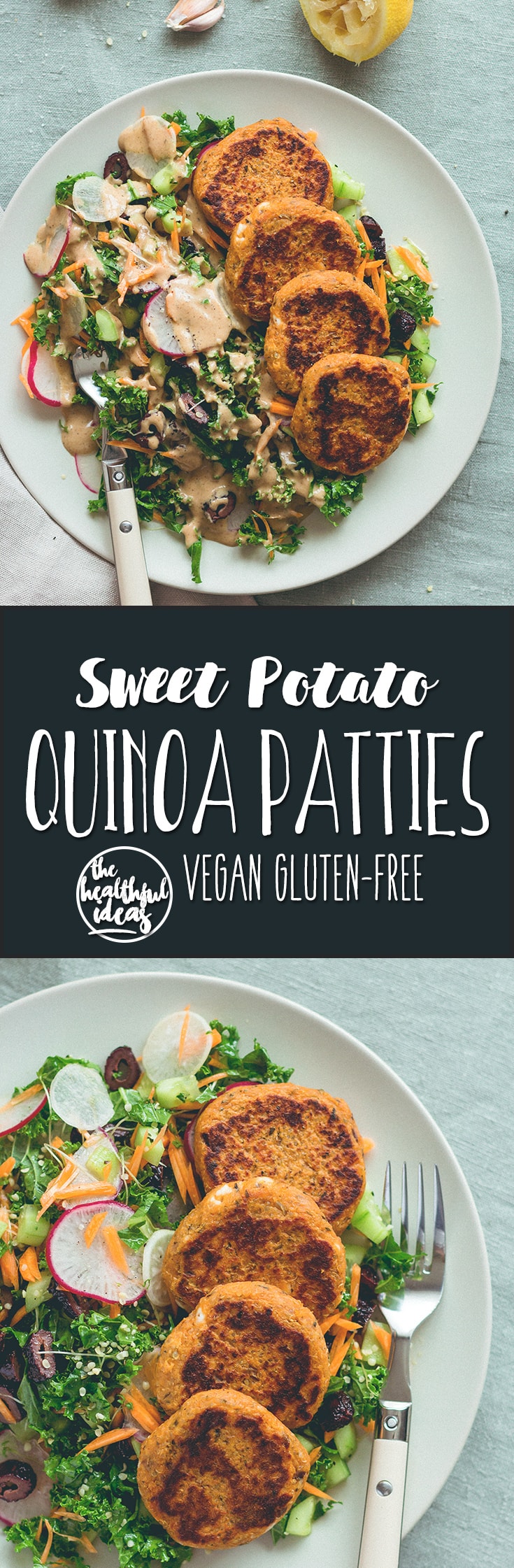 Sweet Potato Quinoa Patties with mixed salad and tahini dressing. This recipe is vegan, gluten-free, and totally amazing! You'll love it. | thehealthfulideas.com