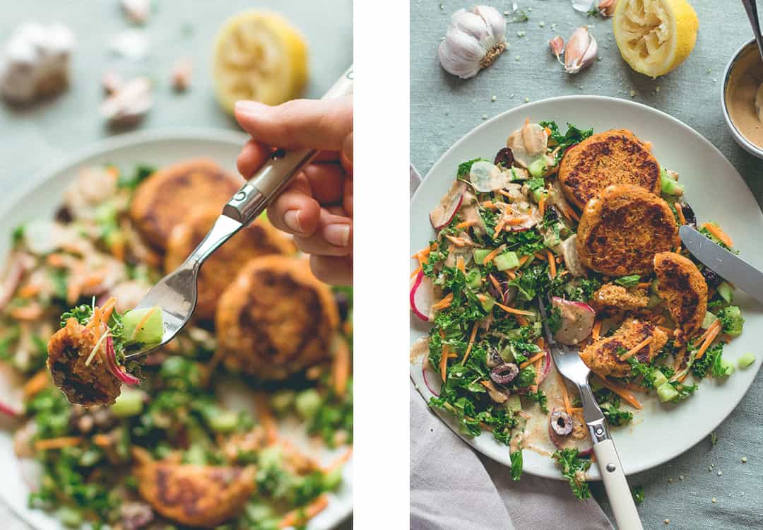 Sweet Potato Quinoa Patties with mixed salad and tahini dressing. This recipe is vegan, gluten-free, and totally amazing! You'll love it. | thehealthfulideas.com