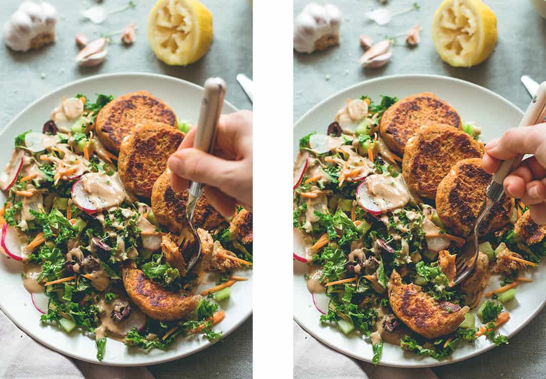 Sweet Potato Quinoa Patties with mixed salad and tahini dressing. This recipe is vegan, gluten-free, and totally amazing! You'll love it. | thehealthfulideas.com