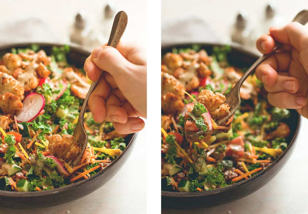 Cajun Roasted Cauliflower Salad - I love cajun seasoning on roasted fall vegetables. This salad is perfect for this time of the year. Cauliflower, mixed salad, and tahini dressing. (vegan, GF) | thehealthfulideas.com