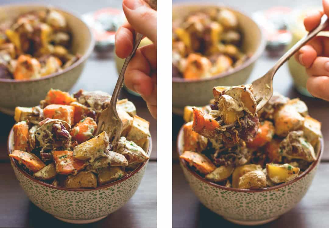 Roasted Potato Salad with Dill Cashew Dressing (vegan, gluten-free) - this is the perfect side dish or a great addition to vegan brunch. Potatoes roasted with herbs, drizzled with amazing cashew dressing with dill. | thehealthfulideas.com