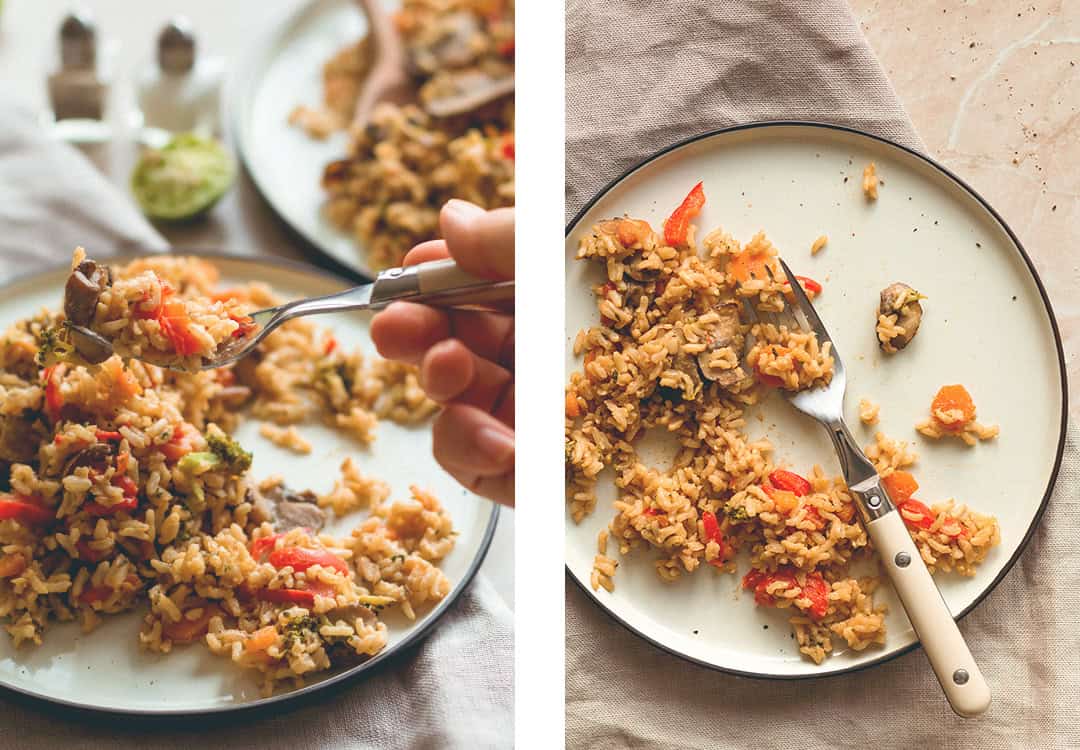 Loaded Veggie Fried Rice - the perfect comforting fall recipe. Made with brown rice, mushrooms, veggies, spices, and tamari almond butter dressing. (vegan, GF) | thehealthfulideas.com