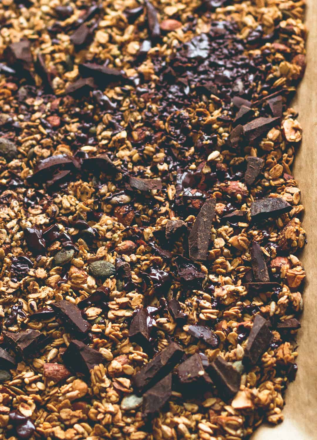 Orange Zest Granola with Dark Chocolate - delicious sweet zesty granola with melted cacao paste on top to create the best dark chocolate & orange flavor. Gluten-free, vegan, and sugar-free! You'll LOVE this granola! | thehealthfulideas.com