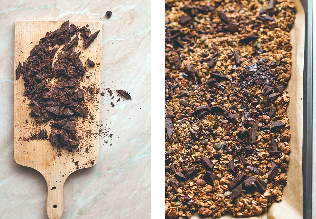Orange Zest Granola with Dark Chocolate - delicious sweet zesty granola with melted cacao paste on top to create the best dark chocolate & orange flavor. Gluten-free, vegan, and sugar-free! You'll LOVE this granola! | thehealthfulideas.com