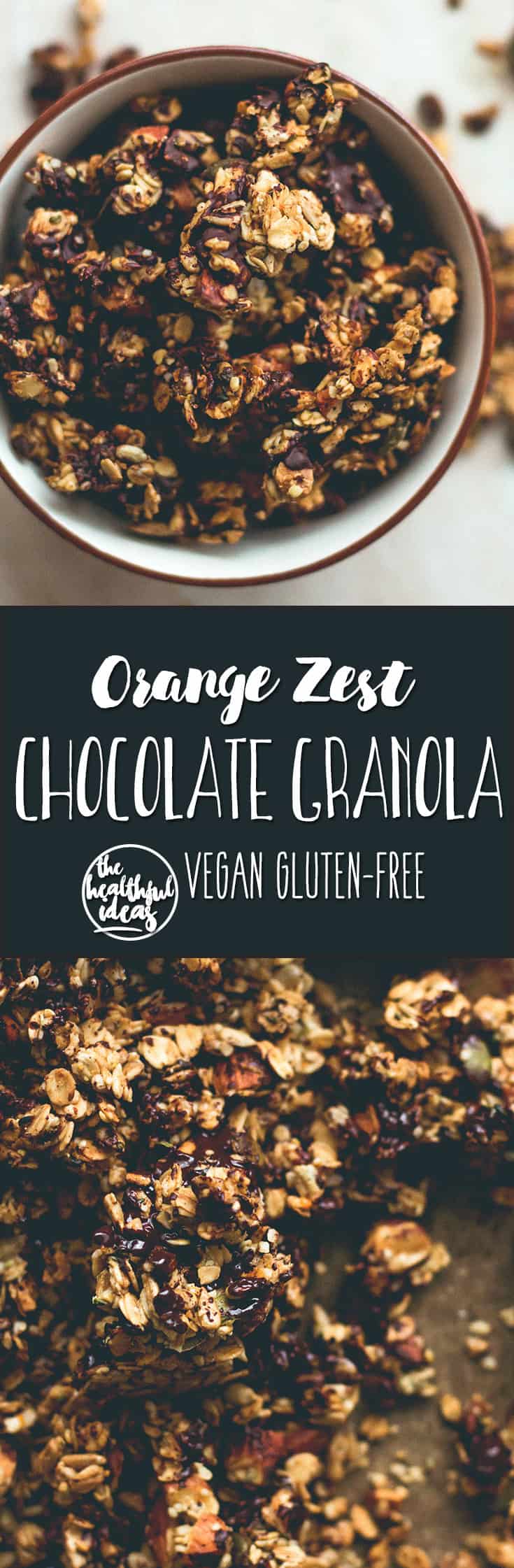 Orange Zest Granola with Dark Chocolate - delicious sweet zesty granola with melted cacao paste on top to create the best dark chocolate & orange flavor. Gluten-free, vegan, and sugar-free! You'll LOVE this granola! | thehealthfulideas.com