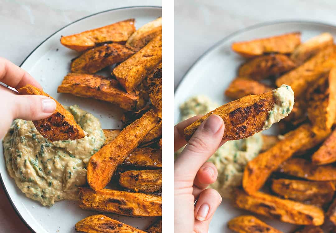 Tandoori Masala Sweet Potato Wedges (vegan, GF) - over roasted sweet potato fries with amazing spices, and a touch of coconut oil. Easy to make, delicious, and totally guilt-free. You'll love this recipe! | thehealthfulideas.com