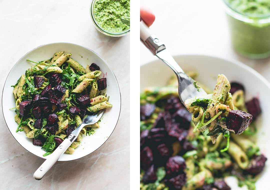 Arugula Basil Pesto Pasta (vegan, gf) - delicious garden pesto served with gluten-free brown rice pasta and easy to make roasted beets. Delicious and easy pasta recipe! | thehealthfulideas.com