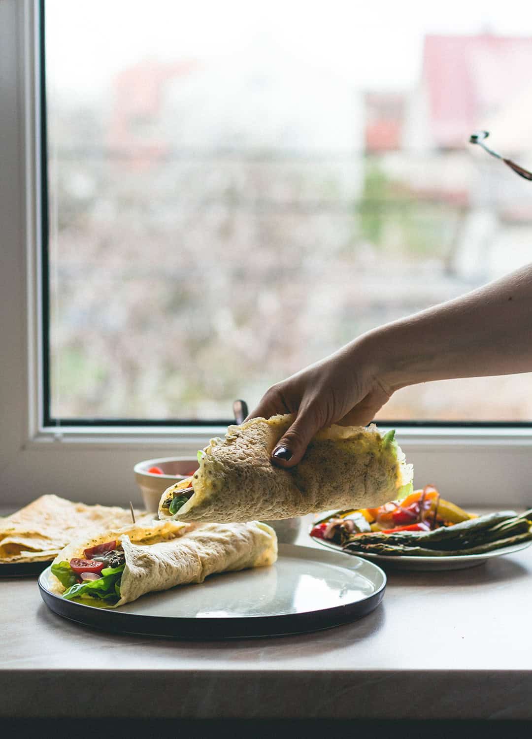 Chickpea Flour Crepes with Roasted Vegetables, fresh vegetables, and homemade sheep tzaziki! With a vegan option too! | thehealthfulideas.com