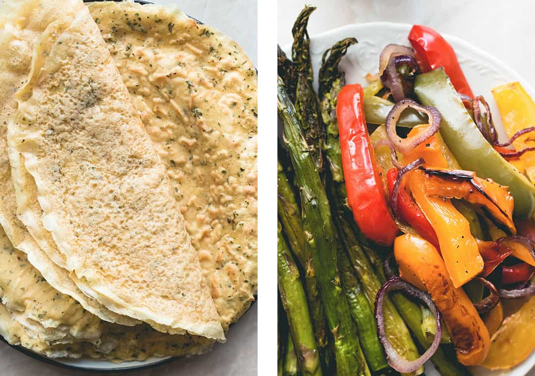 Chickpea Flour Crepes with Roasted Vegetables, fresh vegetables, and homemade sheep tzaziki! With a vegan option too! | thehealthfulideas.com