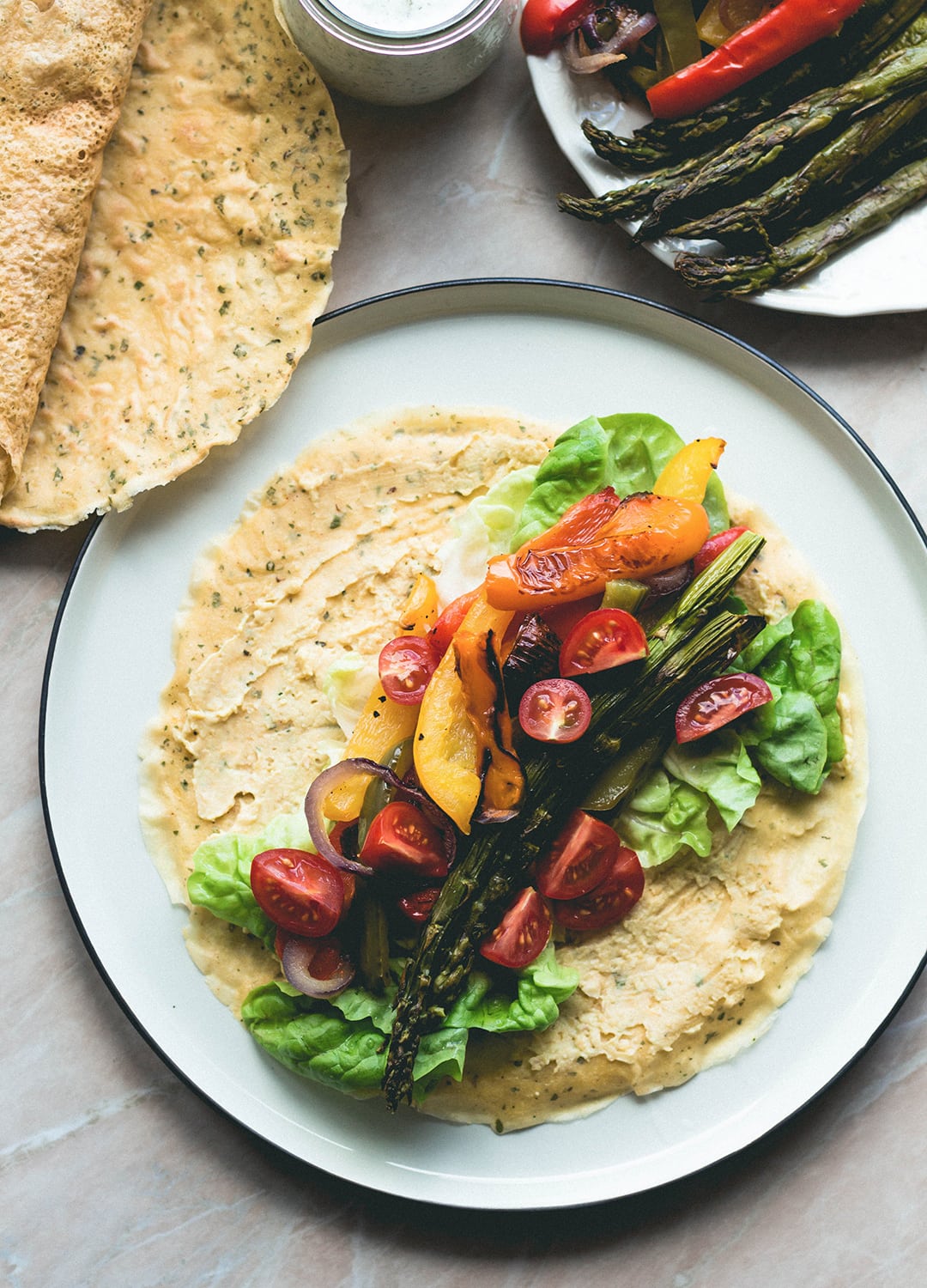 Chickpea Flour Crepes with Roasted Vegetables, fresh vegetables, and homemade sheep tzaziki! With a vegan option too! | thehealthfulideas.com