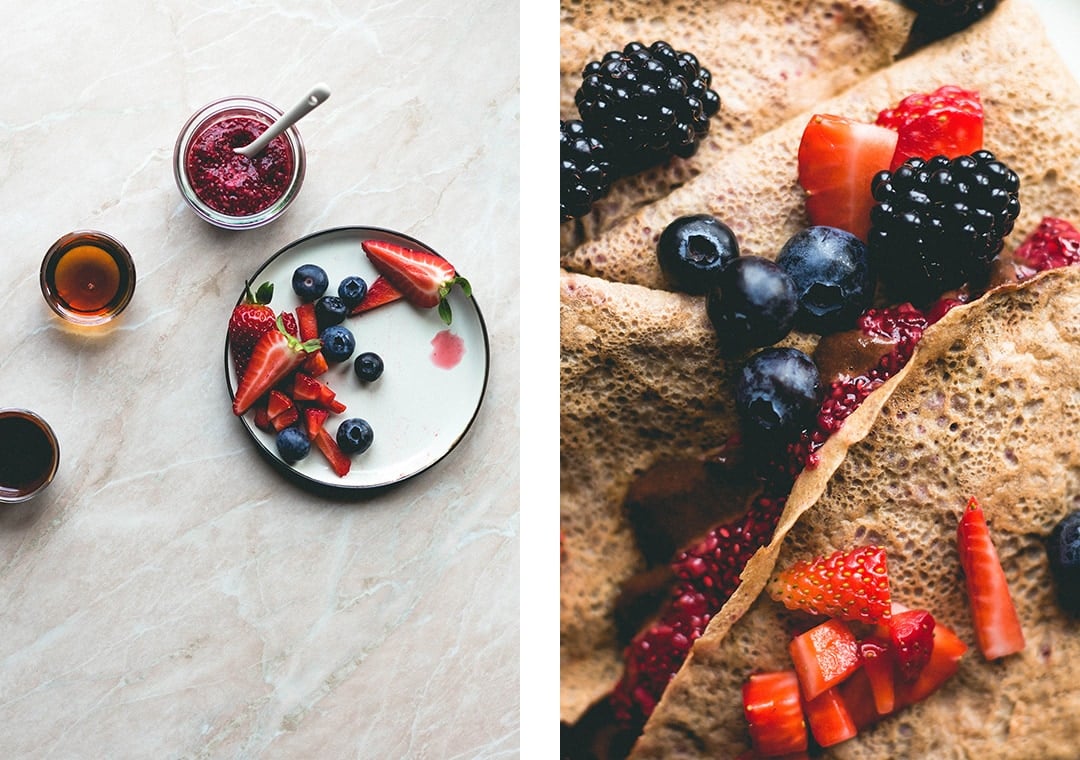 Chickpea Flour Crepes with Tahini Chocolate Sauce and Strawberry Chia Jam (vegan, gluten-free) - you won't believe these are actually vegan! SO delicious, fluffy, soft, and sweet. Brunch staple and my absolute favorite crepe recipe! | thehealthfulideas.com