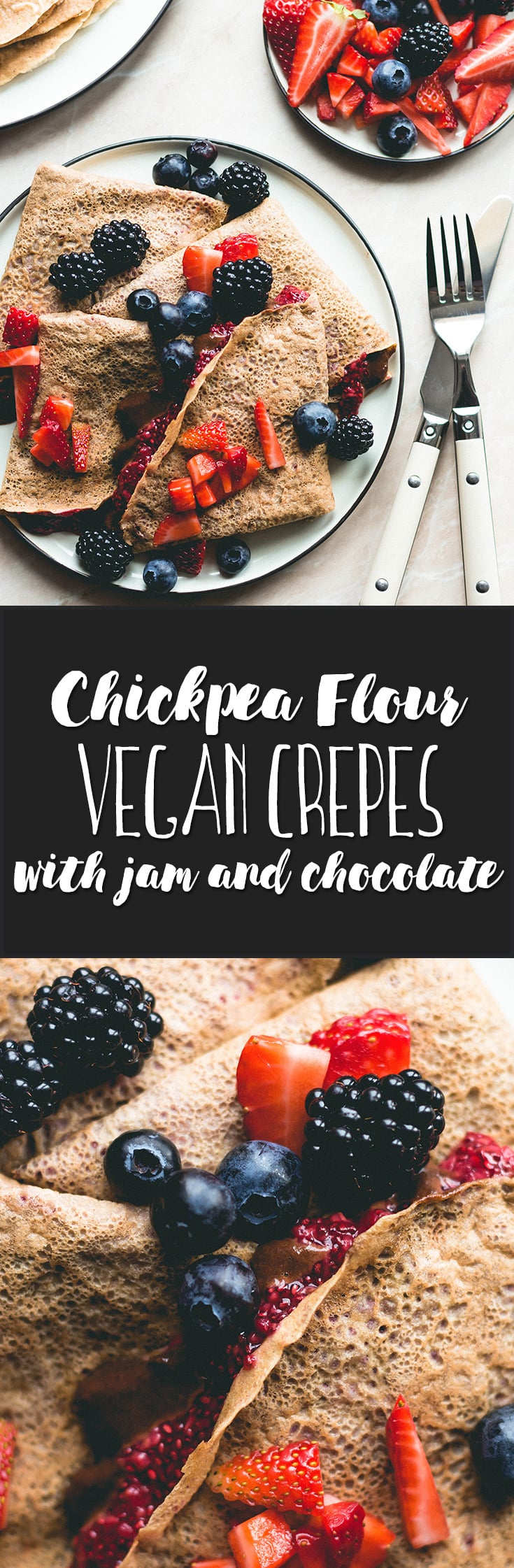 Chickpea Flour Crepes with Tahini Chocolate Sauce and Strawberry Chia Jam (vegan, gluten-free) - you won't believe these are actually vegan! SO delicious, fluffy, soft, and sweet. Brunch staple and my absolute favorite crepe recipe! | thehealthfulideas.com