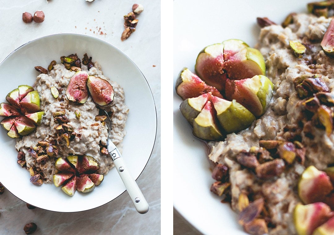Hazelnut Oatmeal with Caramelized Pistachios and figs (vegan, GF) - delicious simple oatmeal. Filling, comforting, satisfying, and absolutely scrumptious! Super easy recipe! | thehealthfulideas.com