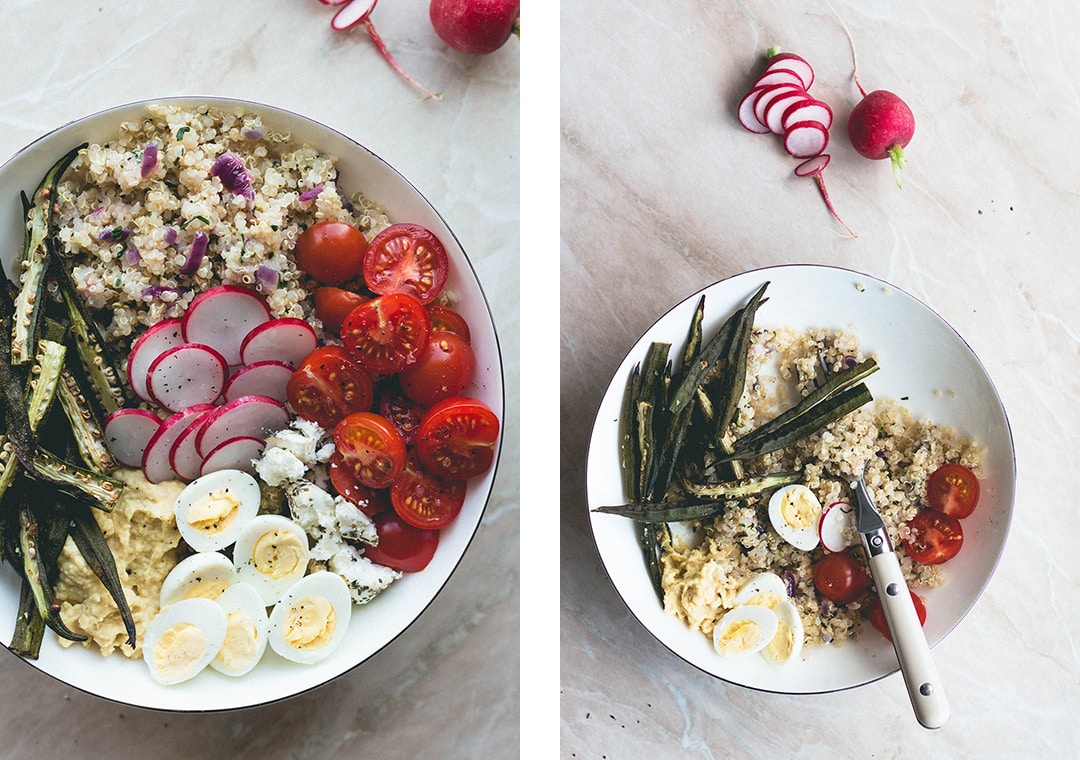 Roasted Okra, Quail Eggs, and Herbed Quinoa Bowl (vegetarian) - because bowl food is the best! Easy to make and really good for lunch, dinner or even breakfast! | thehealthfulideas.com