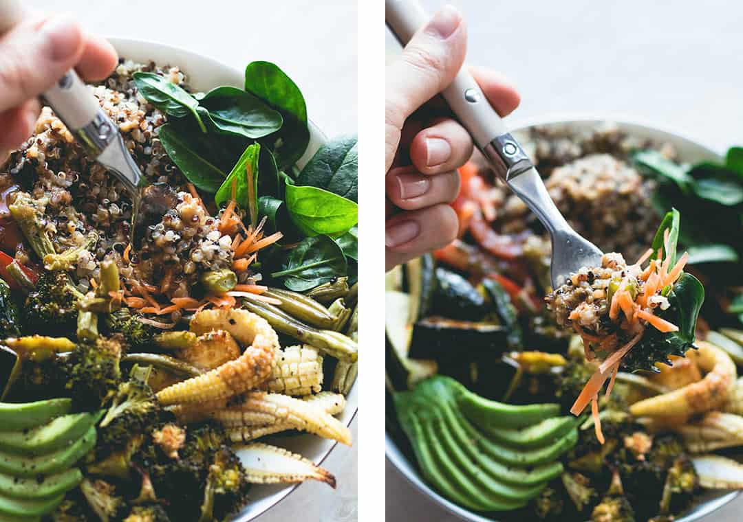 Thai Power Bowl with Wild Peanut Butter Dressing (vegan-gluten-free) - delicious salad bowl with colorful quinoa, roasted vegetables, spinach, avocado, carrots, bell peppers, and the most amazing dressing! | thehealthfulideas.com