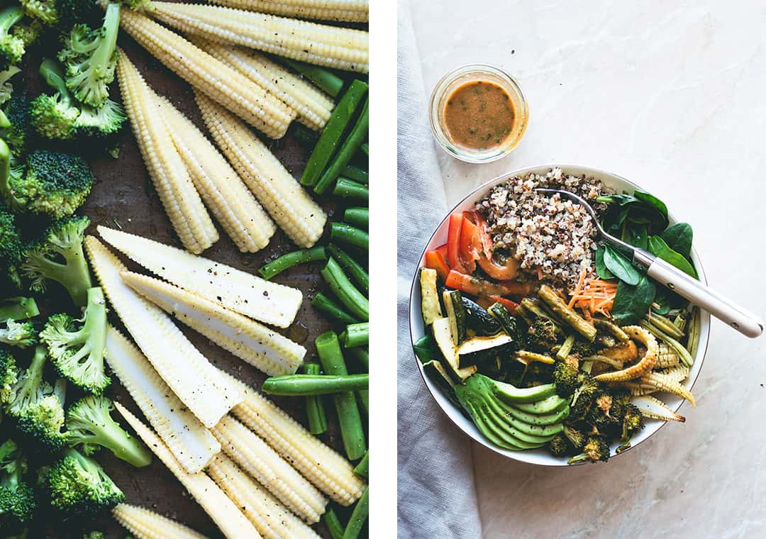 Thai Power Bowl with Wild Peanut Butter Dressing (vegan-gluten-free) - delicious salad bowl with colorful quinoa, roasted vegetables, spinach, avocado, carrots, bell peppers, and the most amazing dressing! | thehealthfulideas.com