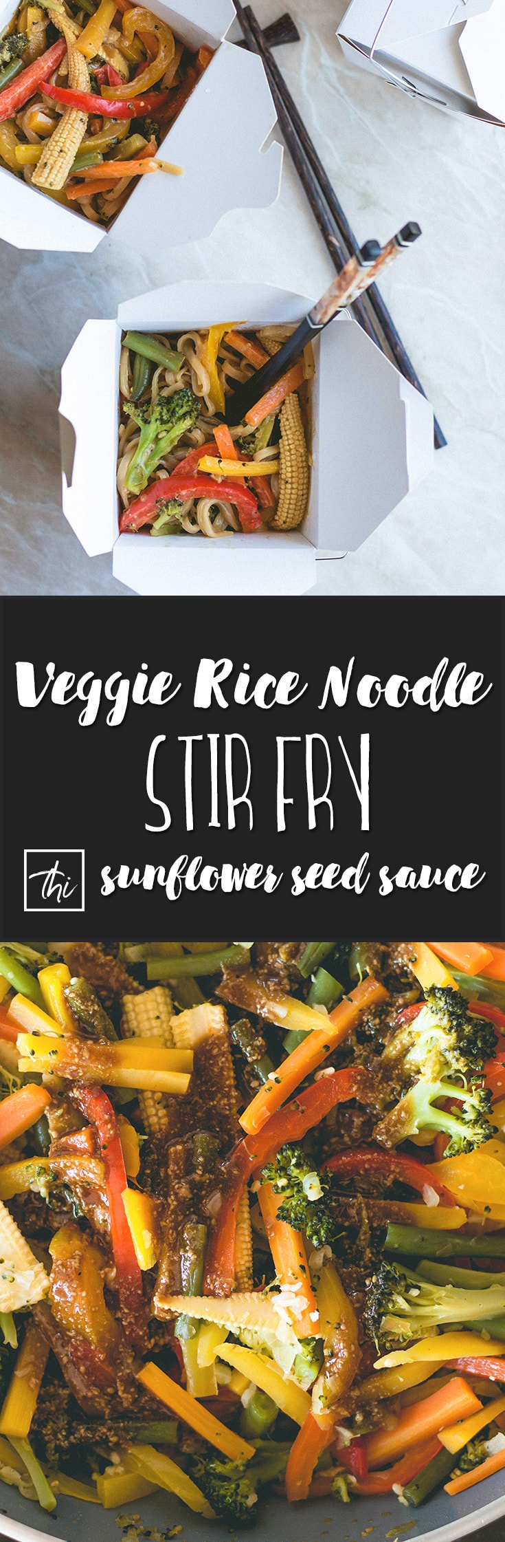 Vegetable Stir Fry with Rice Noodles and Sunflower Seed Sauce - delicious vegan stir fry with peanut-free sauce made with tamari, sunflower seed butter, maple syrup, sesame oil, and ACV. You'll love this recipe! | thehealthfulideas.com