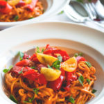 Roasted Red Bell Pepper Pasta - delicious, creamy, filling, and full of flavor! This is one of my most favorite vegan pasta recipes. | thehealthfulideas.com