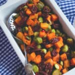 Roasted Sweet Potatoes and Brussels Sprouts with Maple Drizzle - delicious side dish, great all year round! I absolutely love this recipe. It's sweet, savory, tangy, nutty, hearty, and vegan and healthy! | thehealthfulideas.com