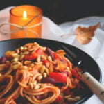Tomato Spaghetti with Vegetables and Pine Nuts. Vegan & GF made with brown rice pasta, veggies, beans, pine nuts, and tomato sauce. Easy, delicious and really comforting. YUM! | thehealthfulideas.com