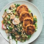 Sweet Potato Quinoa Patties with mixed salad and tahini dressing. This recipe is vegan, gluten-free, and totally amazing! You'll love it. | thehealthfulideas.com