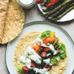 Chickpea Flour Crepes with Roasted Vegetables, fresh vegetables, and homemade sheep tzatziki! With a vegan option too! | thehealthfulideas.com